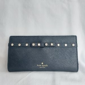 Kate Spade Bifold Rhinestone Bow Black Leather Wallet Snap Button Zip